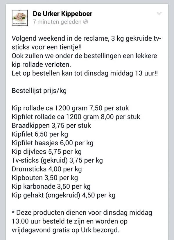 Bestellingen voor aankomend weekend kunnen weer worden doorgegeven tot dinsdag middag 13 uur!