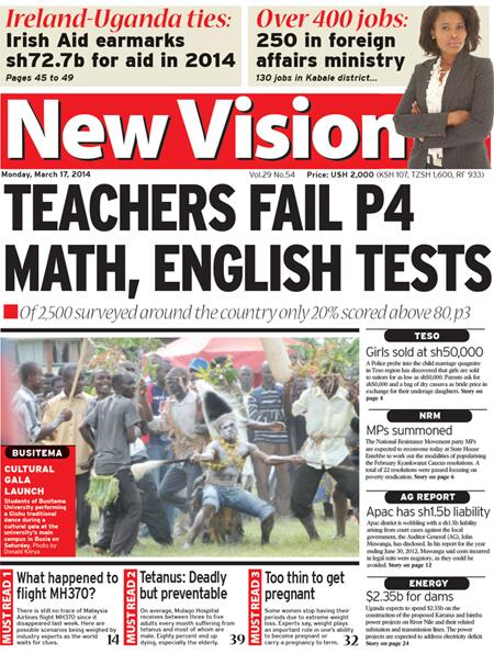 The New Vision on Twitter: "FRONT of Today's New Vision * Teachers fail P4 math, english tests* SUBSCRIBE http://t.co/9ttWaEd5Vw http://t.co/dI0rNUw0CD" / Twitter