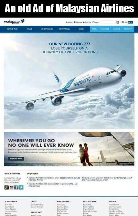 JuanThompson's tweet photo. “@TopComedyy: An Old Ad of Malaysian Airlines http://t.co/n8PpMNAmMr” #ConspiracyTheories #Flight370