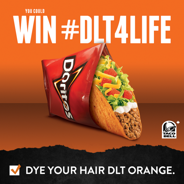 TacoBellCanada's tweet photo. Colour your hair DLT orange for your chance to get #DLT4Life. Details at http://t.co/M2uSoPRzuy http://t.co/TPhHC60Dsa