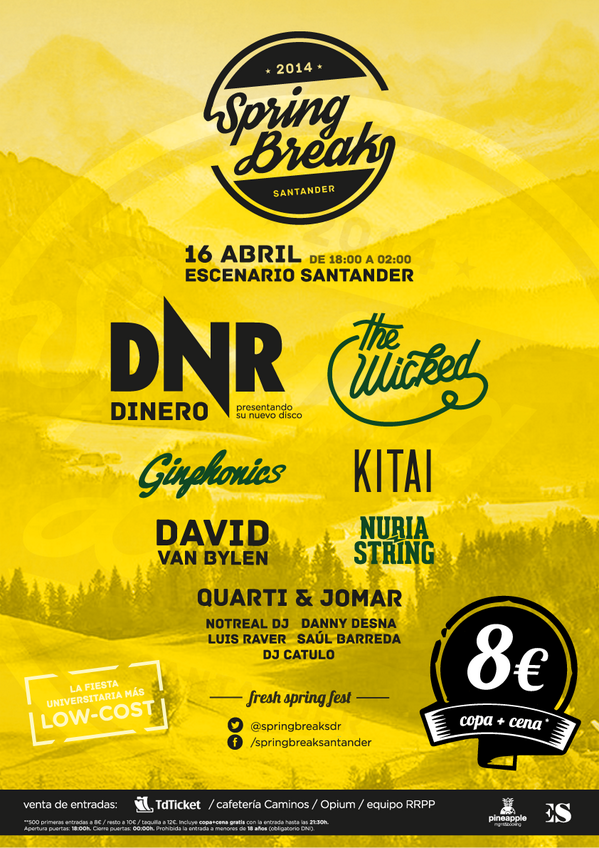 SpringBreakSDR's tweet photo. ➔ MIÉRCOLES 16 ABRIL | SPRING BREAK  
Vuelve la segunda edición del mejor festival universitario de Santander. RT! http://t.co/aEOrVRCOEs