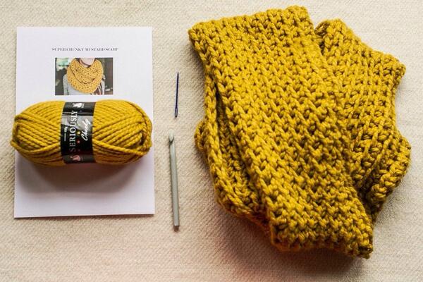 Crochet kit for chunky mustard scarf now available. etsy.com/listing/182957…