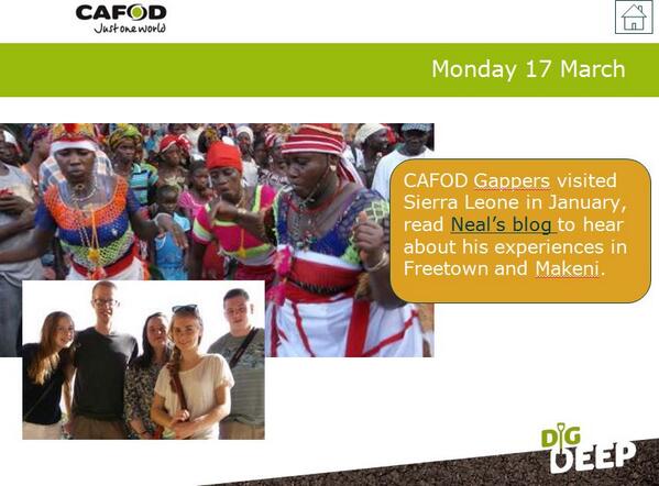 CAFODSchools's tweet photo. Our #Lent calendar action for for young people today: Read the gappers' blogs sent from Sierra Leone #CAFODDigDeep http://t.co/ngiPPMYBqV