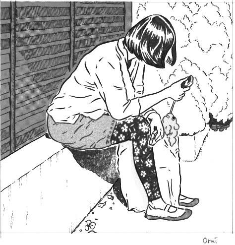 自分で撮った写真を漫画で描いてみた。写真家の構図って凄いんだなあと痛感…。ケータイのキーホルダーが何なのかよく分からなかったので、金魚のバケモノみたいなのにした。影の処理に迷いがあるのと、遠景の植木が煩いのとで失敗。 