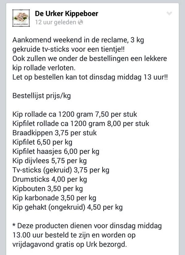 Bestellingen doorgeven kan nog tot morgen middag 13 uur! En wordt op vrijdag avond gratis bezorgd.