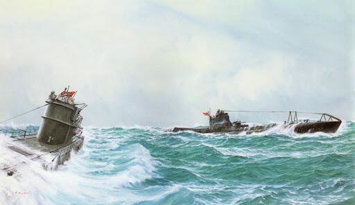 SubmarinosES's tweet photo. El cuadro refleja el encuentro entre el I-8 y el alemán U-161 el 20 de agosto de 1943. http://t.co/A9EA9JHAJD