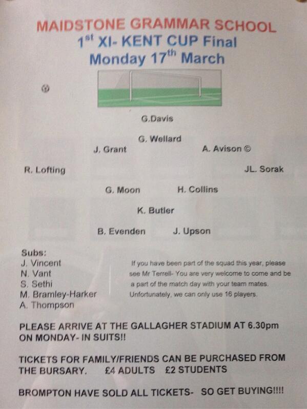 JLSorak's tweet image. Big game #OfficialLineup #KentCupFinal #MGSvsBrompton