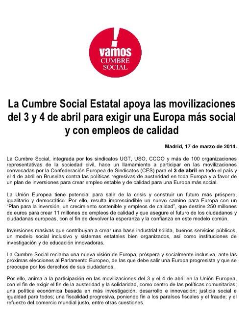 La Cumbre Social apoya movilizaciones del 3 y 4 de abril para exigir una Europa más social <a href="/CCOO/">Comisiones Obreras</a> #NewPath4Europe