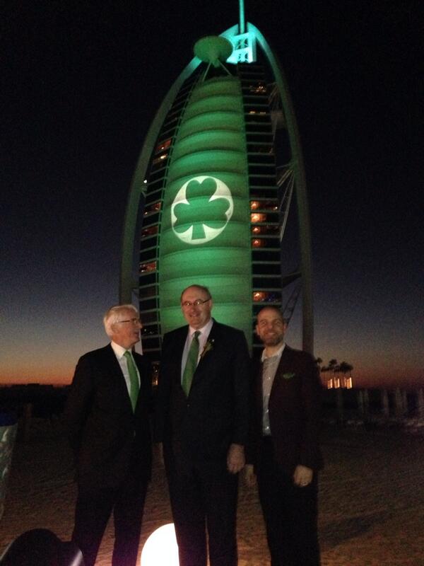 Mark_J_Henry's tweet photo. Minister Phil Hogan turns the Burj Al Arab in Dubai green for St Patrick's Day #GoGreen4StPatricks @TourismIreland1 http://t.co/dJbIEQgoe4