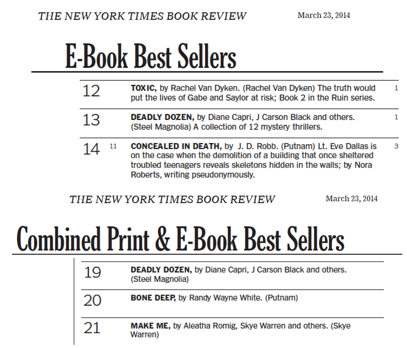 http://thetwelvexii.com/2014/03/deadly-dozen-hits-new-york-times-bestseller-list/