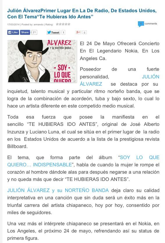 <a href="/julionalvarez83/">@JulionAlvarez</a> primer lugar de la radio en Estados Unidos con la canción #TeHubierasIdoAntes
