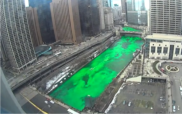 adventuregirl's tweet photo. Chicago: VIDEO Chicago river turning green for #StPatricksDay: http://t.co/2vogqN4KCh http://t.co/MJflNQrRMW -> how is this not toxic?