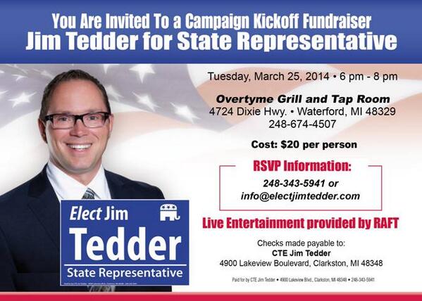 electjimtedder's tweet photo. Please join me for my Campaign Kickoff Fundraiser at Overtyme Grill and Tap Room on Tuesday, March 25th! http://t.co/BeV4yIGqBc