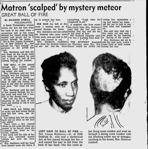 1960 Baltimore: scalped by a weird fireball entering her home. Two mystery men visit to tell her not to talk about it