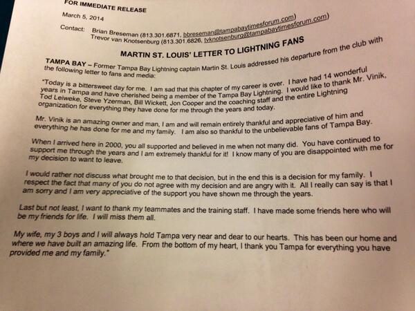TVASports's tweet photo. Martin St-Louis a écrit une lettre pour remercier les partisans du @TBLightning (via @aastleford) http://t.co/jLrBt19tYY