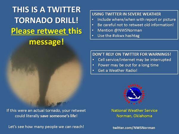NWSNorman's tweet photo. Here we go! TORNADO DRILL MESSAGE! Please Retweet! #twittertwister #okwx #txwx http://t.co/f009OFBTIn