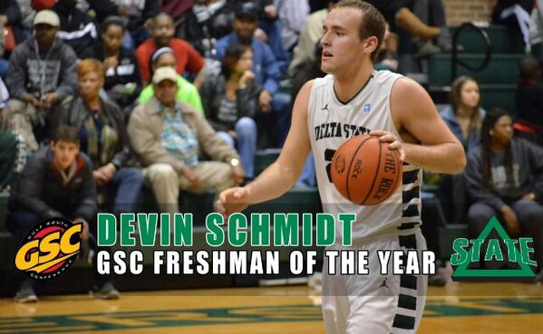 DSUStatesmen's tweet photo. BREAKING: @DELTASTATEMBB Devin Schmidt named Gulf South Conference Freshman of the Year. http://t.co/1Htzcq5ael