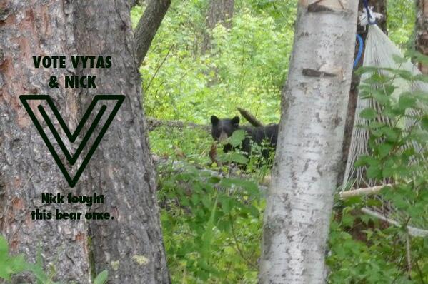 VytasAndNick's tweet photo. .@ErikLeiden Vote Vytas &amp; Nick. ‘Cause Nick fought this bear once. Lol. http://t.co/m15M6ELIKp