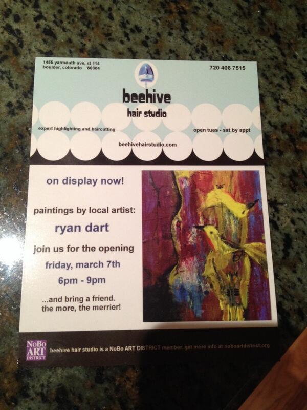 ryandart's tweet photo. Art show this Friday night at Beehive hair studio in North Boulder! 6-9pm http://t.co/qZ1Vc2hduf