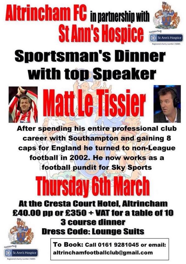 We're lking fwd to our Sportsman's Dinner tonight. Still time to get your tkt . Contact the <a href="/altrinchamfc/">Altrincham FC</a> today #Alty