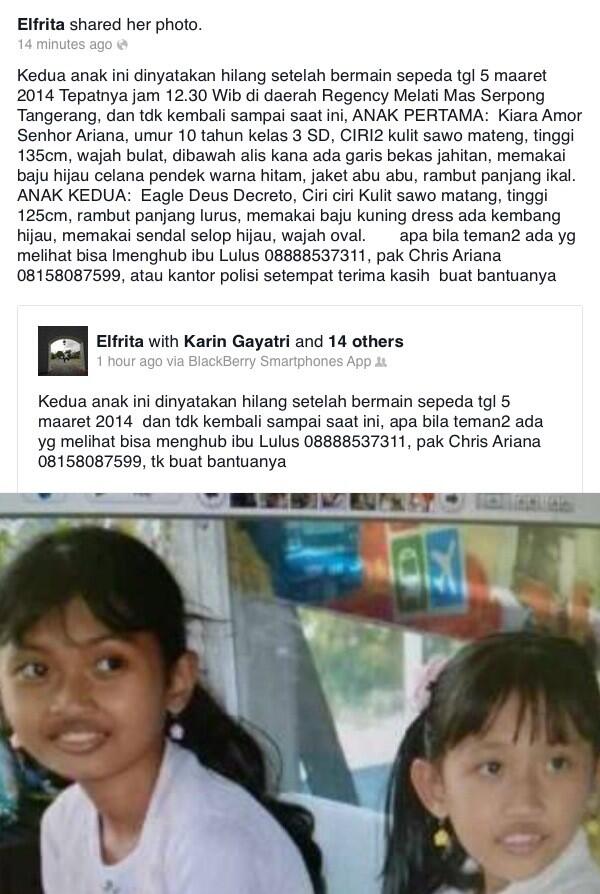 JennyJusuf's tweet photo. Tweeps, mohon bantuannya. Anak2 teman saya, Kiara
&amp; Eagle, hilang sejak kemarin siang. Please RT. Thank you. http://t.co/EP4B0vncpK