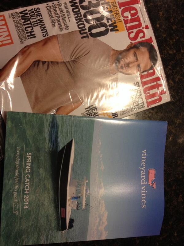 LosBromigos's tweet photo. It's a great moment when your @MensHealthMag and @vineyardvines Spring catalogue arrive on the same day. #EDSFTG http://t.co/XCqBr79K9X