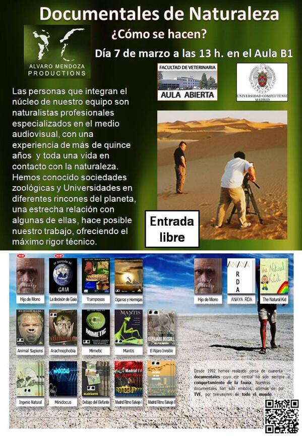 Te interesan ls documentales d naturaleza?<a href="/VeterinariaUCM/">FVeterinariaUCM</a> organiza una charla muy interesante! alvaromendozaproductions.es