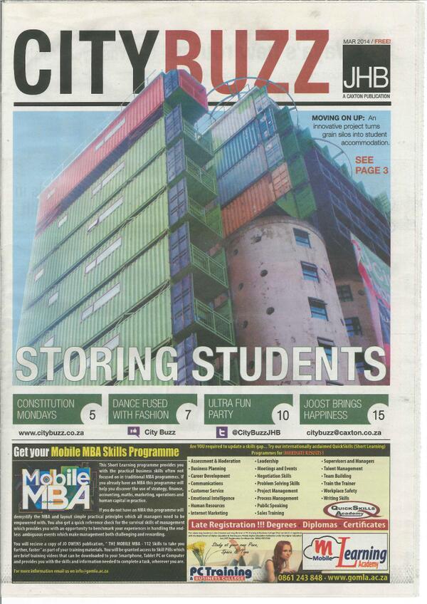 CJ_Students's tweet photo. The latest #MillJunction article in @CityBuzzJHB is all about how creative design meets cutting-edge architecture http://t.co/4aSQjtG2Eb