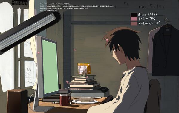 新海誠 秒速５センチメートル 公開７周年 第三話 同じくタカキの部屋 色指定 まだbgが出来ていなかったので 西村貴世さんのレイアウトにざっと色を乗せた状態で色彩設計をしています Http T Co B9o0ipbu71