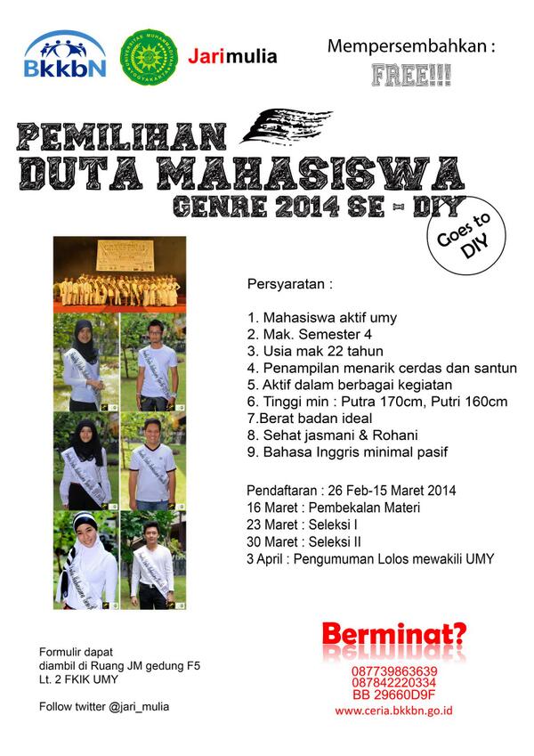 PEMILIHAN "Duta Mahasiswa GenRe UMY 2014" goes to prov.D.I.Y!! Form di <a href="/Jari_Mulia/">JARI MULIA UMY</a> Gd.F5 Lt.2 FKIK UMY cc:<a href="/KGUMY2012/">KG UMY 2012</a>