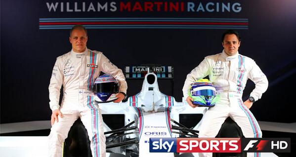 SkySportsF1's tweet photo. Valtteri Bottas and Felipe Massa in their new Williams Martini Racing colours http://t.co/03zZMzk9JB #skyf1 http://t.co/U5WQ74DdNr