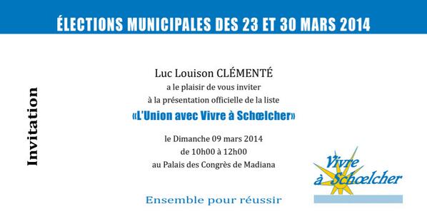 #municipale2014 :Présentation officielle de la liste l'Union avec Vivre à Schoelcher le dim. 9 mars à 10h à Madiana