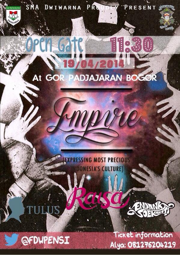 osisdwiwarna's tweet photo. @OSISTETRA Present to you: EMPIRE - Raisa, Tulus and Endank Soekamti are coming. Please, Join the heat 🎉 http://t.co/NpRSkbY2dZ
