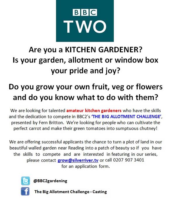 @DadsLaneAllo RT? Auditions for BBC2 THE BIG ALLOTMENT CHALLENGE start soon! grow@silverriver.tv @BBC2gardening
