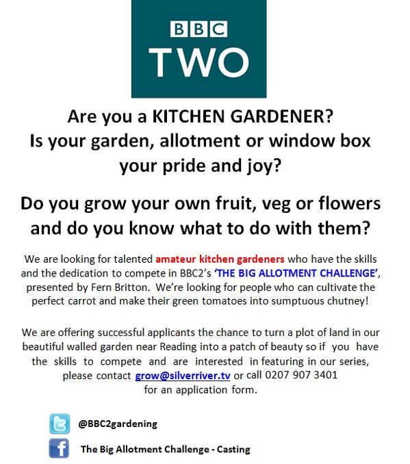 ContestantCollective (@contcollective) on Twitter photo <a href="/DadsLaneAllo/">Dads Lane Allotments</a> RT? Auditions for BBC2 THE BIG ALLOTMENT CHALLENGE start soon! grow@silverriver.tv <a href="/BBC2gardening/">BigAllotment Casting</a> <a href="/DadsLaneAllo/">Dads Lane Allotments</a> RT? Auditions for BBC2 THE BIG ALLOTMENT CHALLENGE start soon! grow@silverriver.tv <a href="/BBC2gardening/">BigAllotment Casting</a>