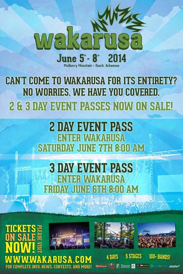 wakarusafest's tweet photo. 2 &amp; 3 Day passes are now on sale!  Get them if you can't join us for the entire fest! http://t.co/Vglsh8FWWm http://t.co/vv8cHuzNJf