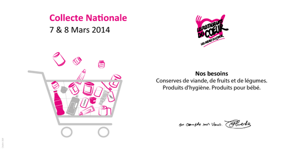 restosducoeur's tweet photo. La collecte nationale des #RestosDuCoeur aura lieu vendredi 7 et samedi 8 mars : on compte sur vous ! http://t.co/UoEqXNsRIt