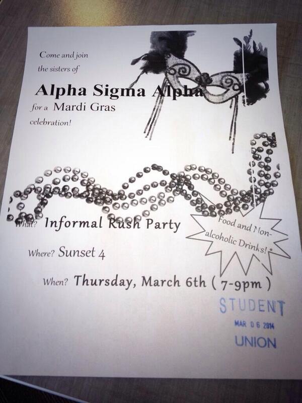 ASAupj's tweet photo. Come down and join the sisters of AΣA tonight 7-9pm at Sunset 4 for a Mardi Gras celebration! Hope to see you there! http://t.co/PmkNZyUGyj