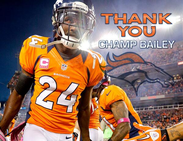 Broncos's tweet photo. The Broncos thank Champ Bailey for his 10 years in Denver. Tribute video: http://t.co/QBGi7juU1G http://t.co/IJUowRlYEw