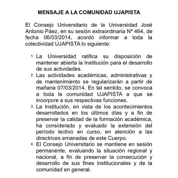 LA_UJAP's tweet photo. RT. Acuerdo del Consejo Universitario sobre la regularización de las actividades a partir de mañana 07 de marzo 2014 http://t.co/VotIbJCB2t