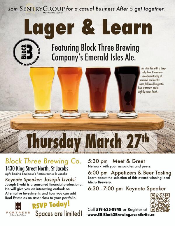 JMaySentryGroup's tweet photo. Join me on the 27th for a Lager &amp; Learn! Contact me for more info jeffmay@sentrygroup.ca http://t.co/tkq4PyHWWU