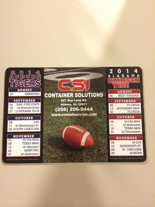 CSI_national's tweet photo. Ask us for one of our Alabama/Auburn 2014 schedule magnets! http://t.co/k6qTlxciY4