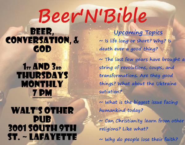 revgeiger's tweet photo. Hey Lafayette folks! Come on out @ 7 PM to Walt's Other Pub in Lafayette to share a drink and good conversation. http://t.co/nUEiwHH2ep