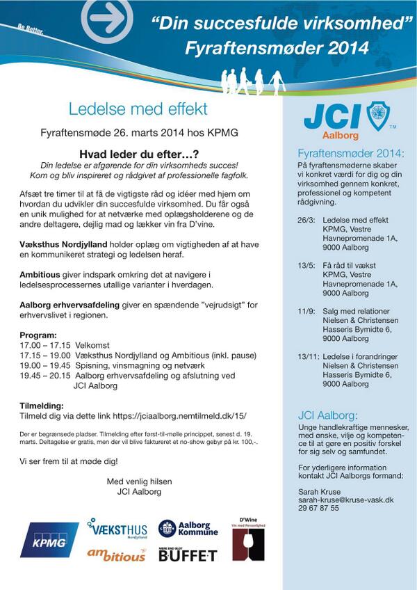 bo_risom's tweet photo. JCI Aalborg inviterer til ”Ledelse med effekt” - et spændende fyraftensmøde i Aalborg d. 26. marts 2014. http://t.co/Cx6gK3sShu