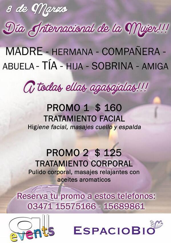 AllEvents2014's tweet image. 08 de marzo, #diadelamujer Promo relax, para ellas en su día.. Nada mas lindo, que un rato de spa !!