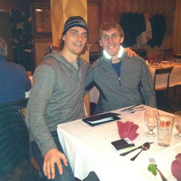 Benholmstrom's tweet photo. Had some good dinner company from @Holmy12 tonight. Not sure why he had his glow stick necklace on though #nofilter http://t.co/ykNSQCGLo8