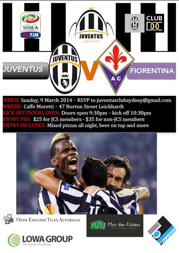 juveclubsydney's tweet photo. JCS event Sunday night: @CaffeMoretti / Pizza &amp; Beer Night / Doors open 9:30pm / Kick off 10:30pm / details attached http://t.co/c9tkFPH2dR