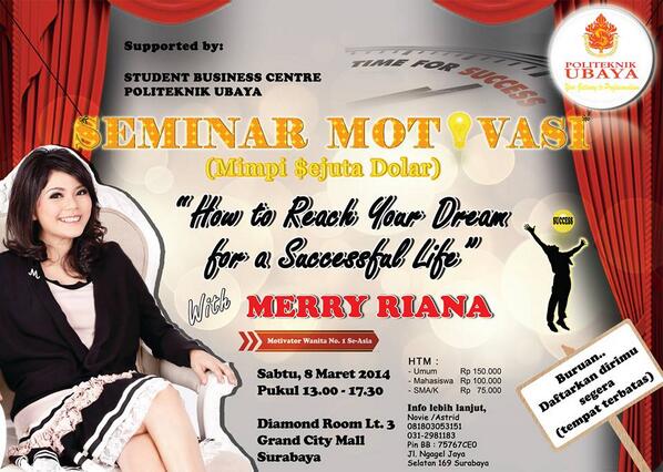 H-1 Seminar Merry Riana <a href="/GrandCitySBY/">Grand City Surabaya</a> | Yang belum dapet tiketnya buruan beli :) CP:085732090122 cc:<a href="/BEMPoliteknik/">BEM Politeknik UBAYA</a>