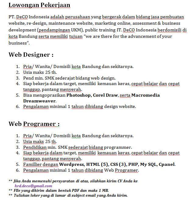 lowongan kerja di PT.DECO INDONESIA 
