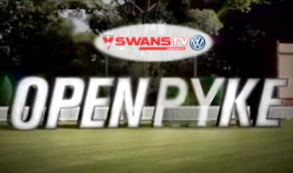 sydneyswans's tweet photo. Guess who's back with all the big guests - http://t.co/Lw6z29FQL7 #openpyke  #teaser @mikepyke38 @Buddy_Franklin http://t.co/6krHx7bweC